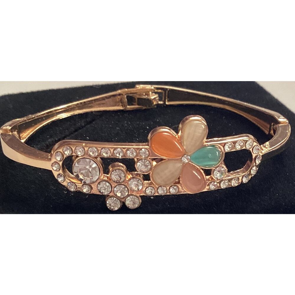 2481 NWOT Rose Gold Bracelet Bangle W/Pink/Blue Flower Cubic Zirconia Crystals